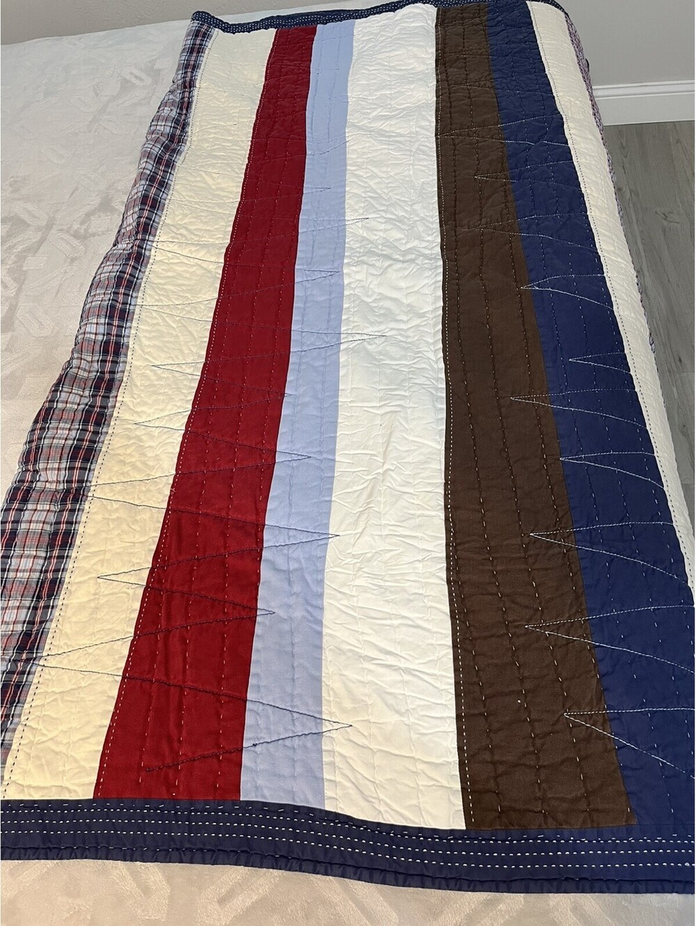 Pottery Barn Kids Striped Patchwork Quilt Twin Size Navy Light Blue Brown 84x66